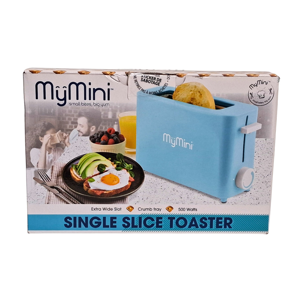 MyMini Single Slice Toaster Blue Extra Wide Slot Crumb Tray Compact Mini Toaster